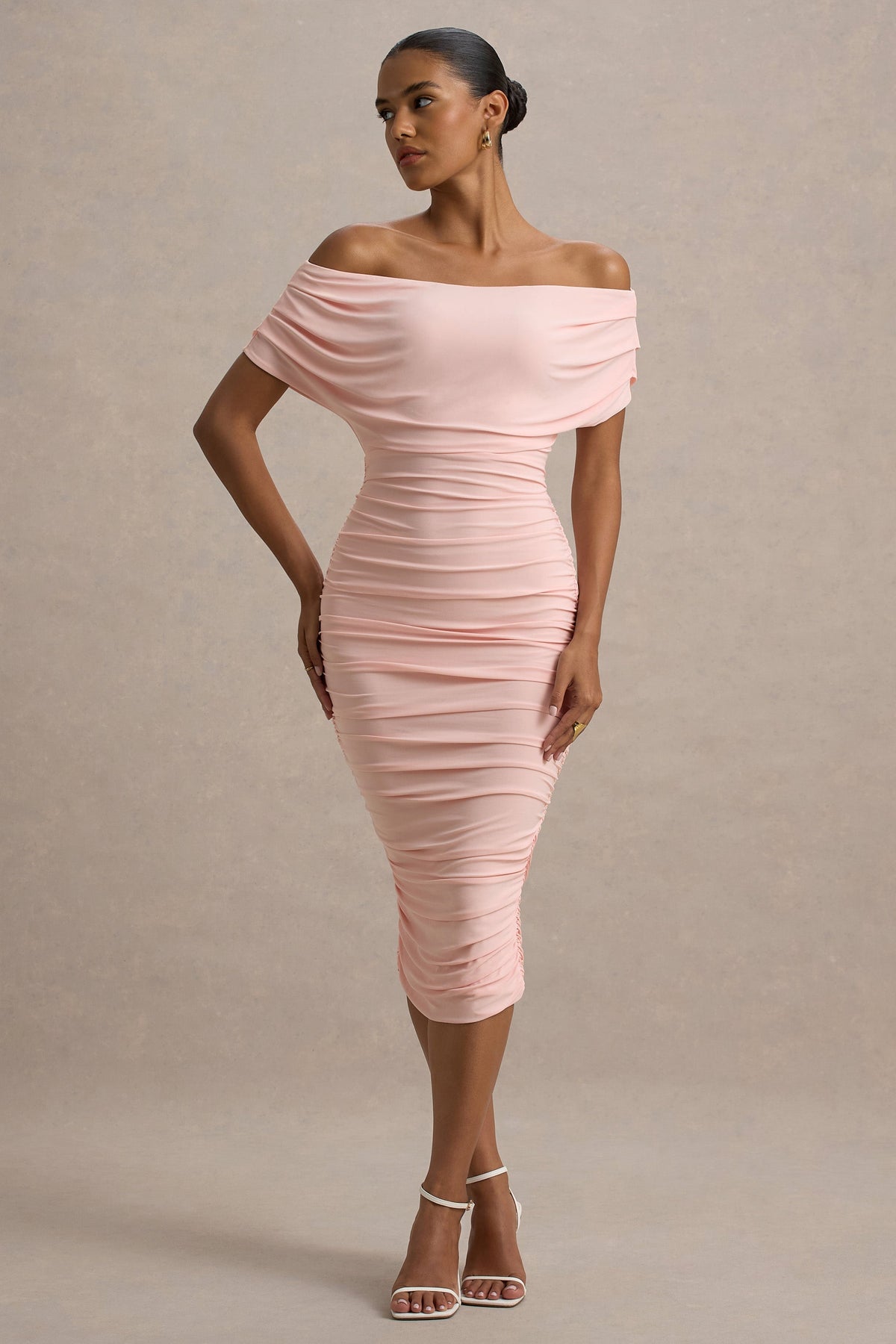 Rayleigh | Pink Bardot Ruched Midi Dress