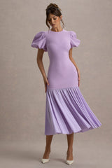 Cinzia | Lilac Puff-Sleeve Volume-Hem Midi Dress