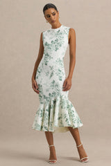 Priceless | Green Porcelain Print Print High-Neck Fishtail Midi Dress