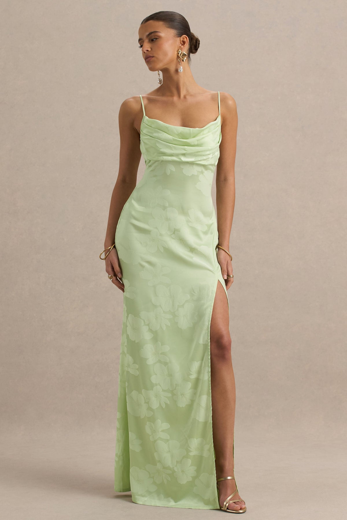 Maddie | Light Green Floral Print Satin Cowl-Neck Maxi Dress