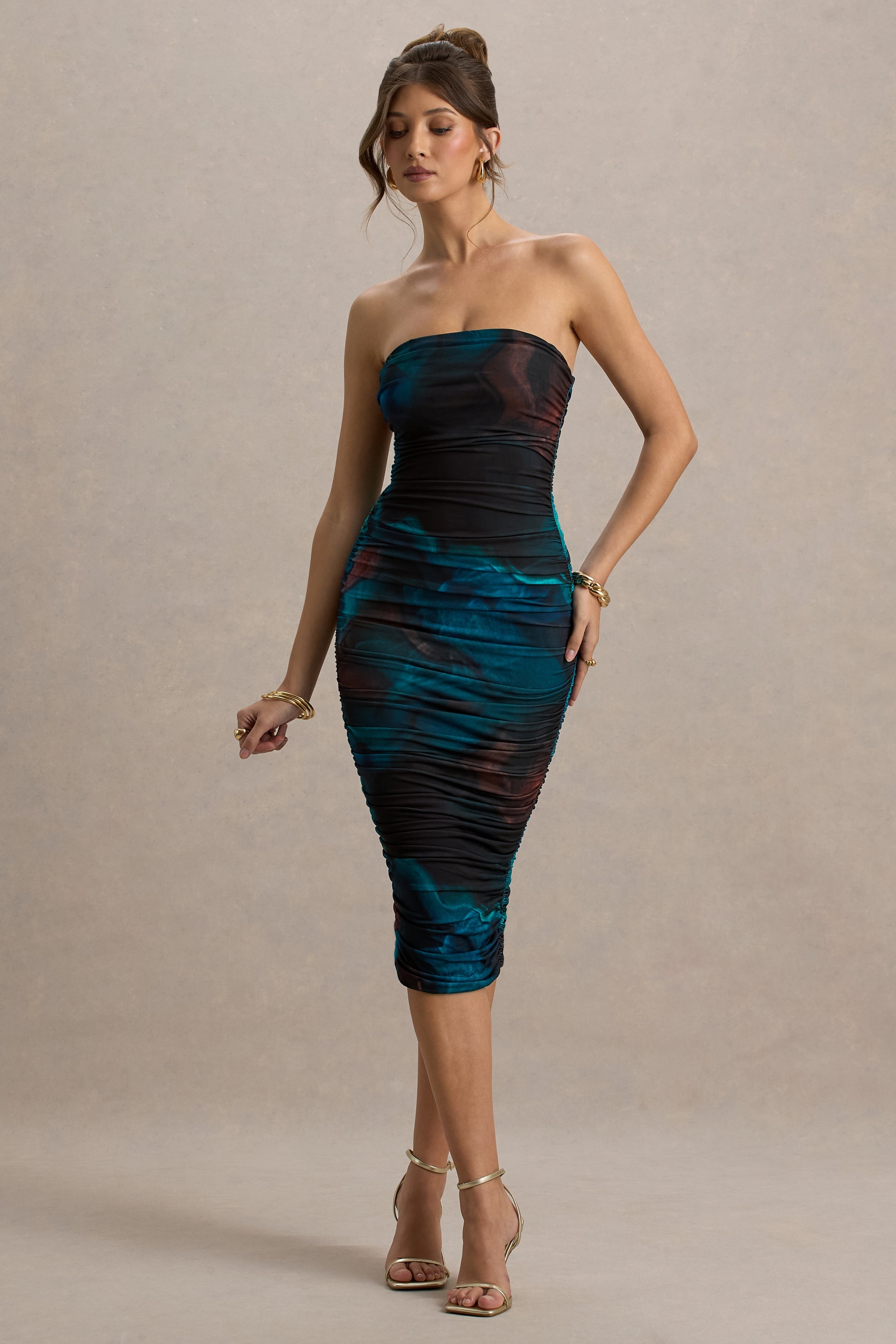 My Girl | Blue Print Strapless Bodycon Ruched Mesh Midi Dress