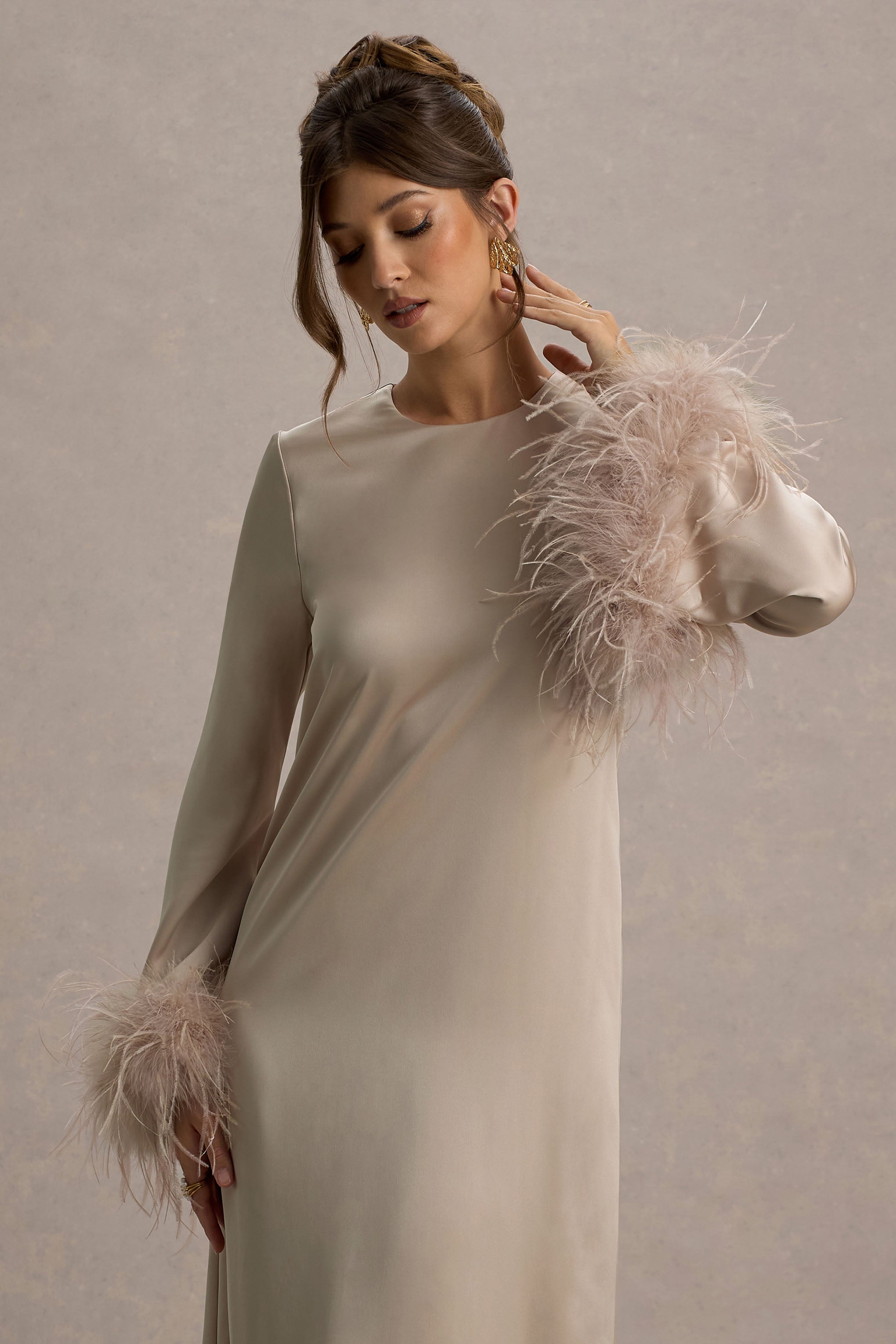 Adella | Champagne Satin Feather-Trim Maxi Dress