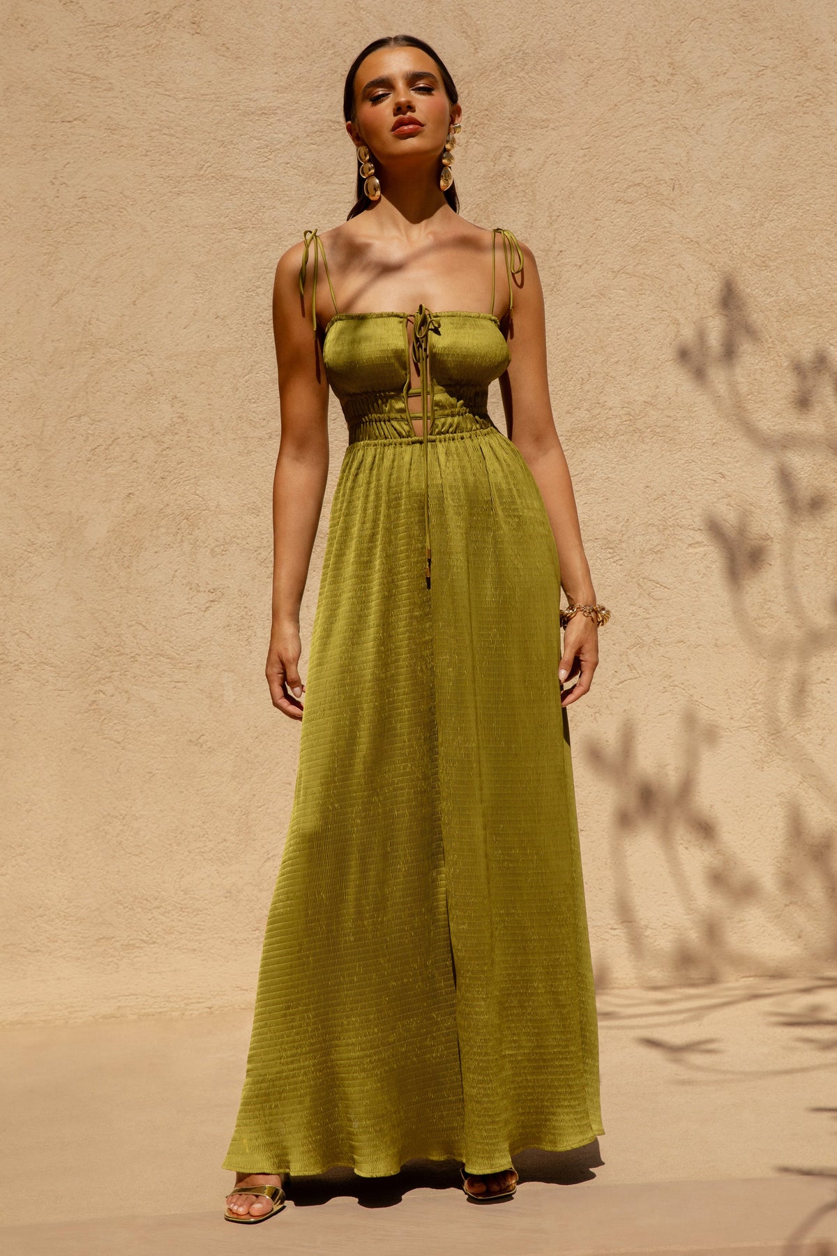 Azalea | Green Square-Neck Maxi Dress With Chest Cut-Out And Pleated Detailing