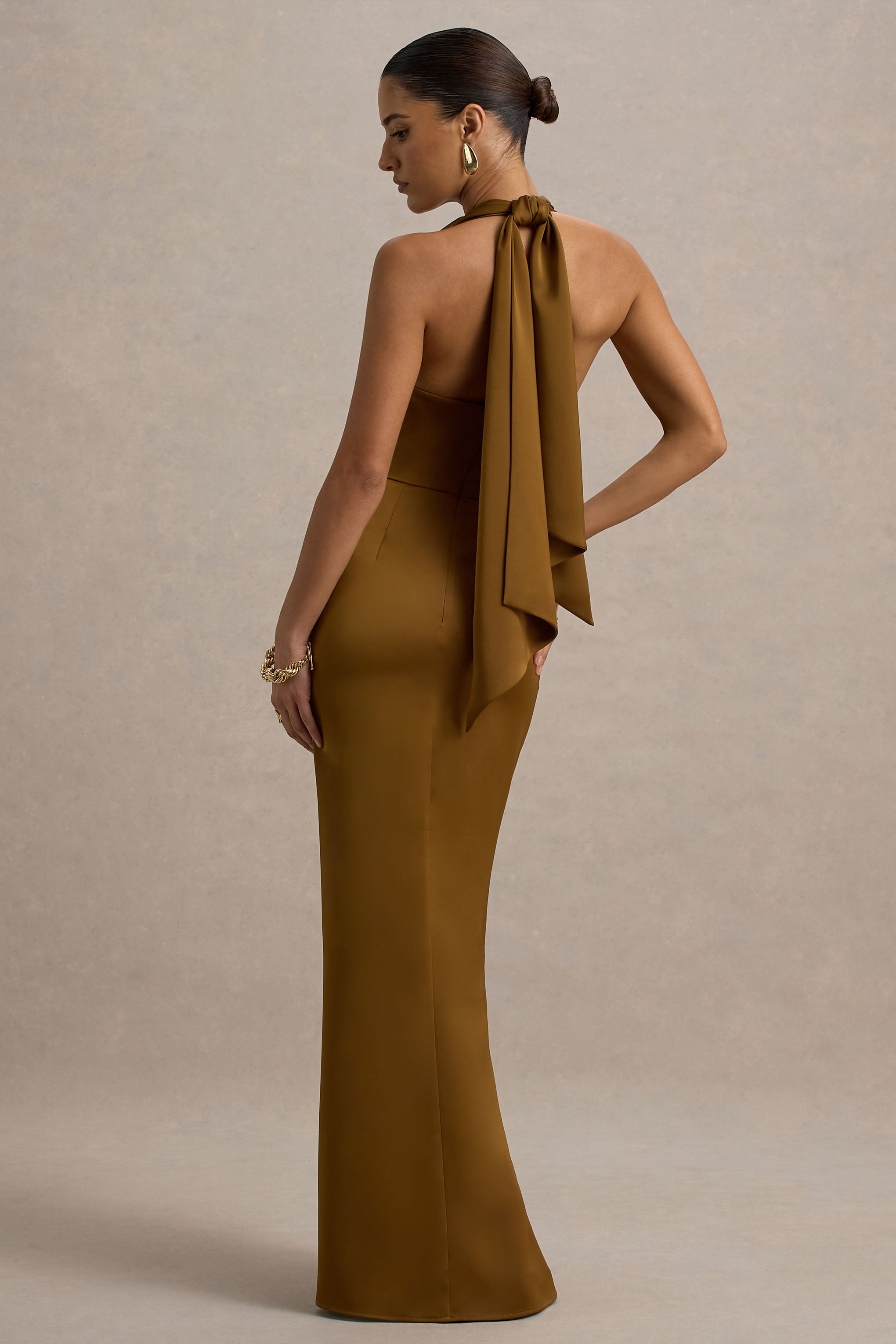 Lynette | Olive Satin Plunge-Neck Asymmetric Maxi Dress