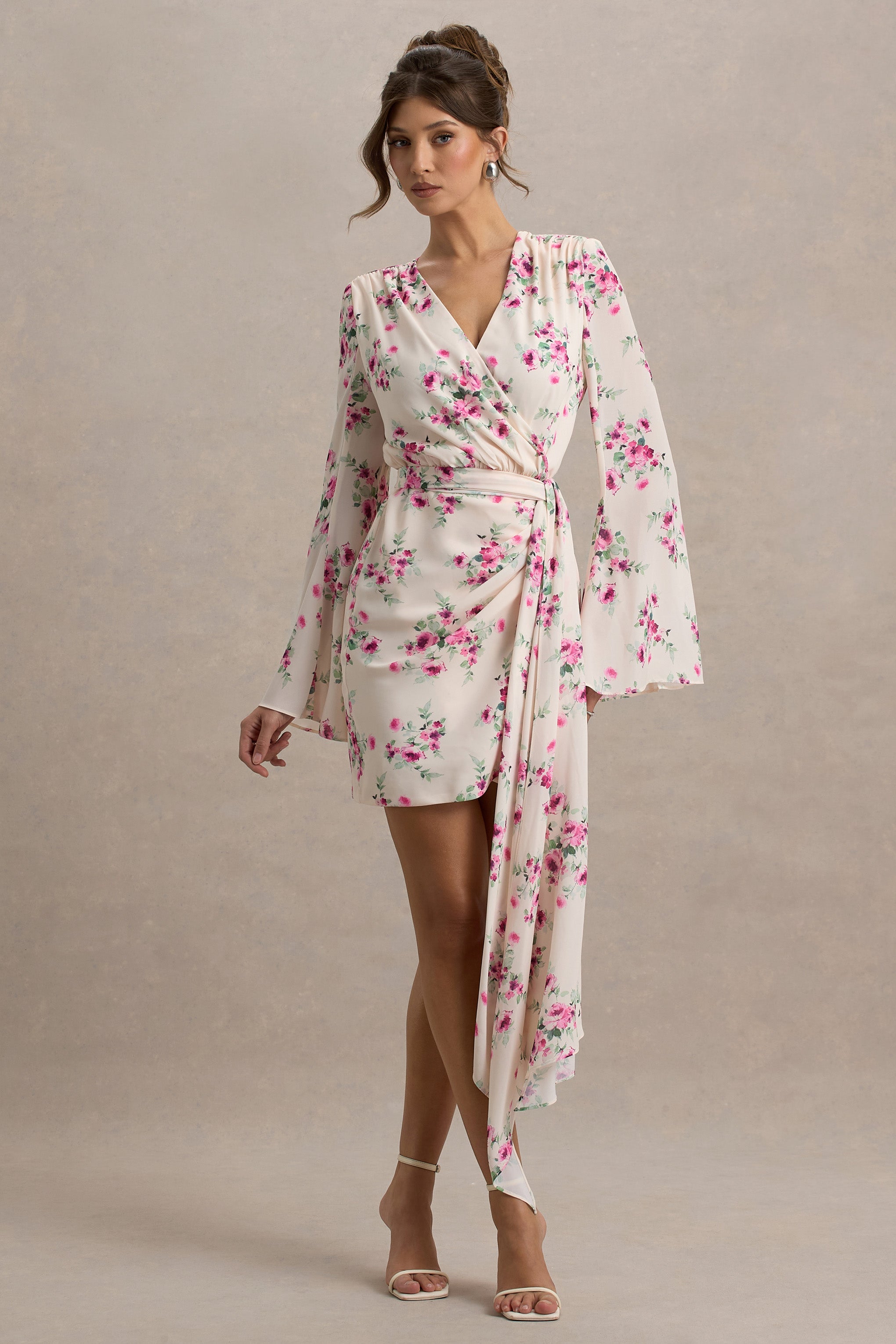 Goldie | Cream Floral Print Chiffon Long-Sleeve Wrap Mini Dress