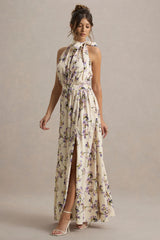 Talia | Lemon Floral Print High-Neck Split Maxi Dress With Bow