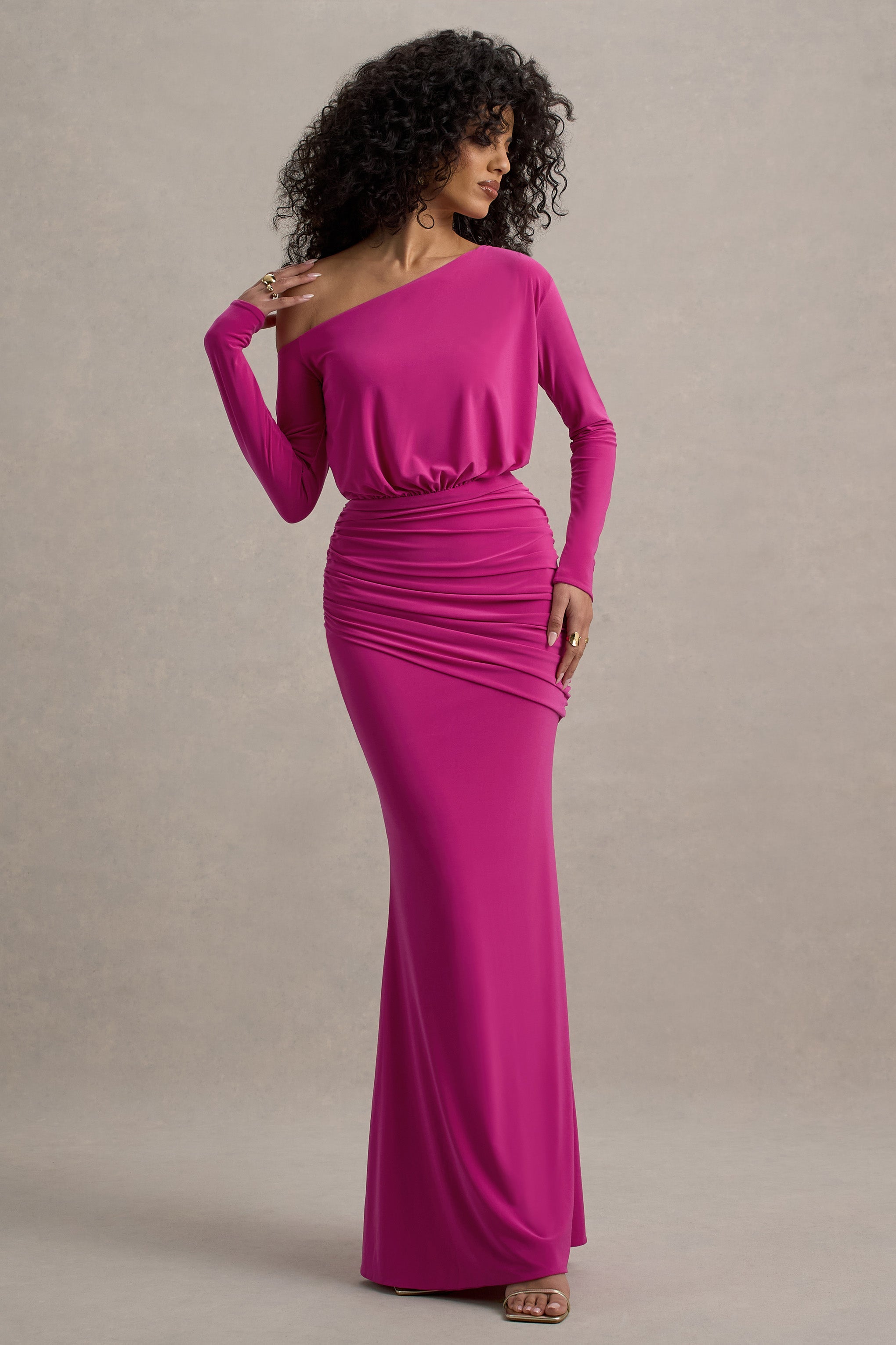 Deanna | Hot Pink Asymmetric Long-Sleeve Ruched Maxi Dress