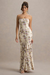 Callie | Lemon Floral Print Bandeau Fishtail Maxi Dress