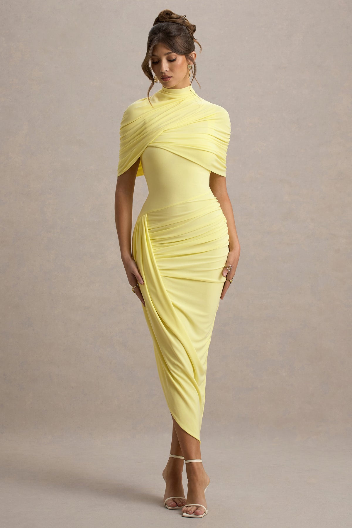 Enchant | Lemon Asymmetric Twisted Cape Maxi Dress