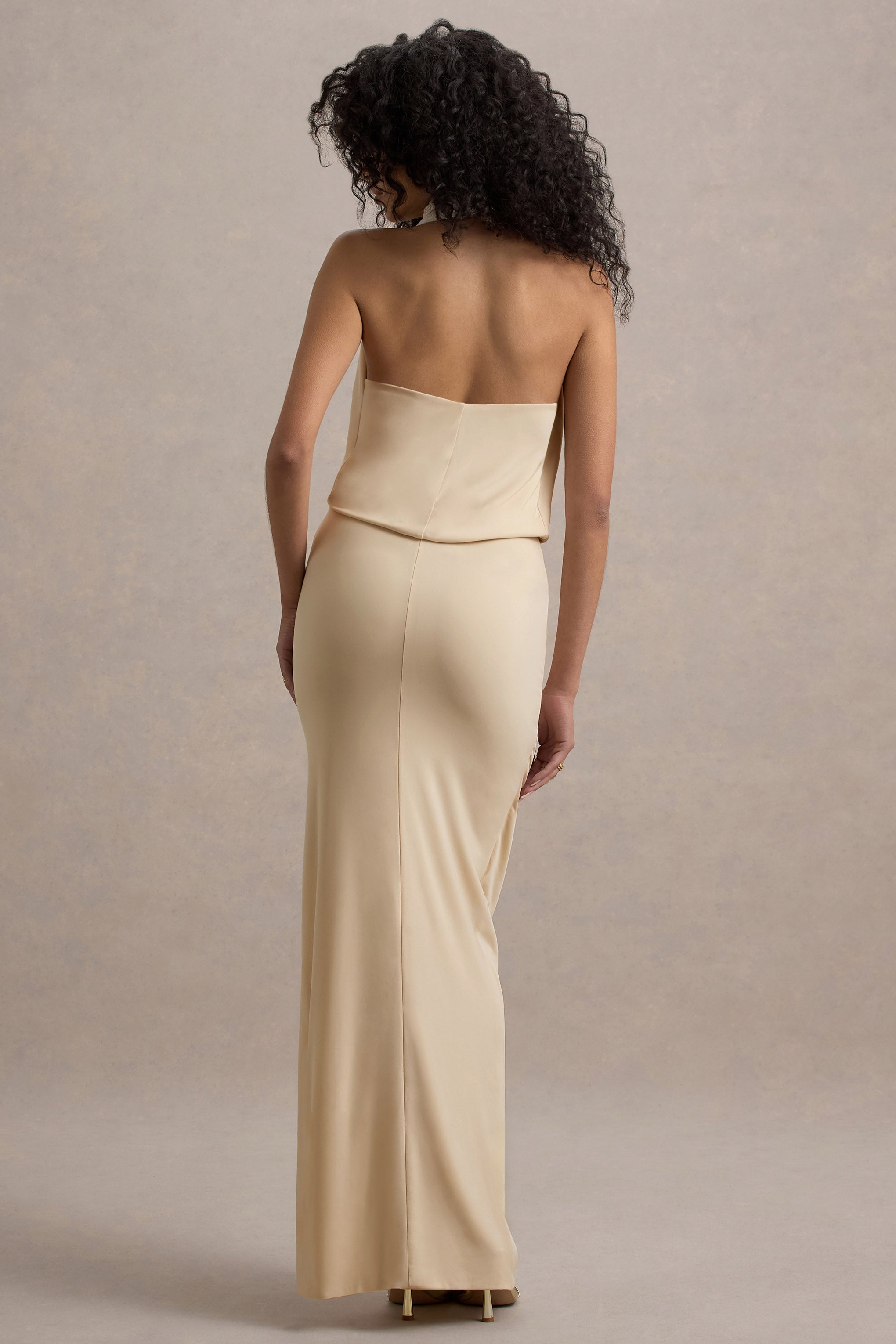 Hayden | Sand High-Neck Draped Split Maxi Dress