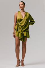 Cara | Olive Satin Plunge-Neck Micro-Mini Dress With Long Sleeve