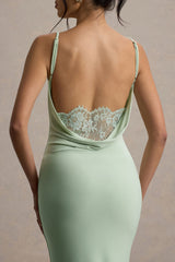 Francoise | Light Green Cowl Neck Backless Maxi Dress With Lace Insert