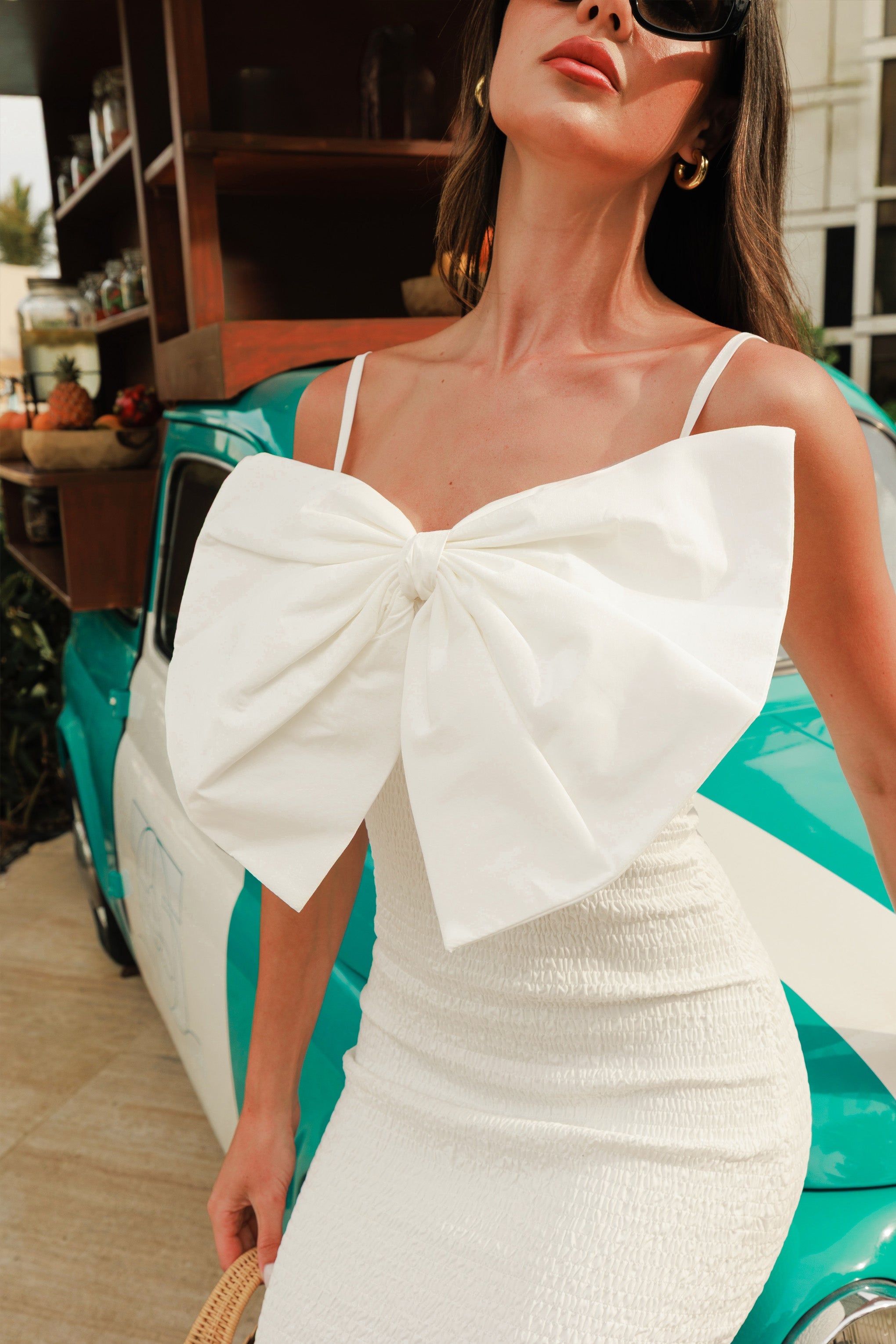 Love Poem | White Bodycon Midi Dress With Oversized Bow