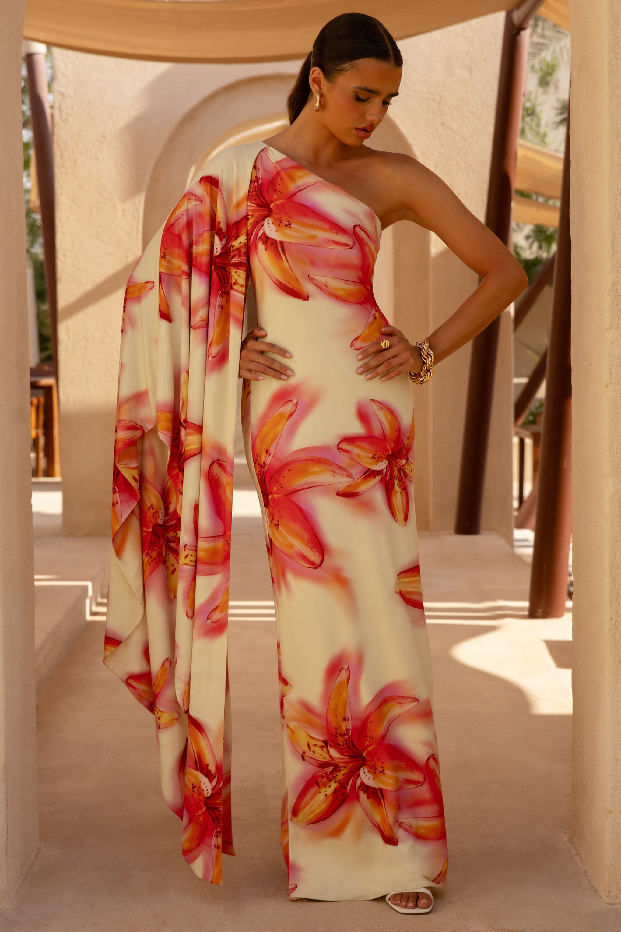 Portia | Lemon Lily Print Asymmetric Maxi Dress With Ruched Detail