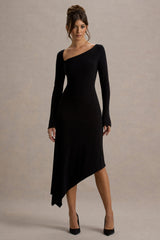 Serenita | Black Asymmetric Long-Sleeve Midi Dress
