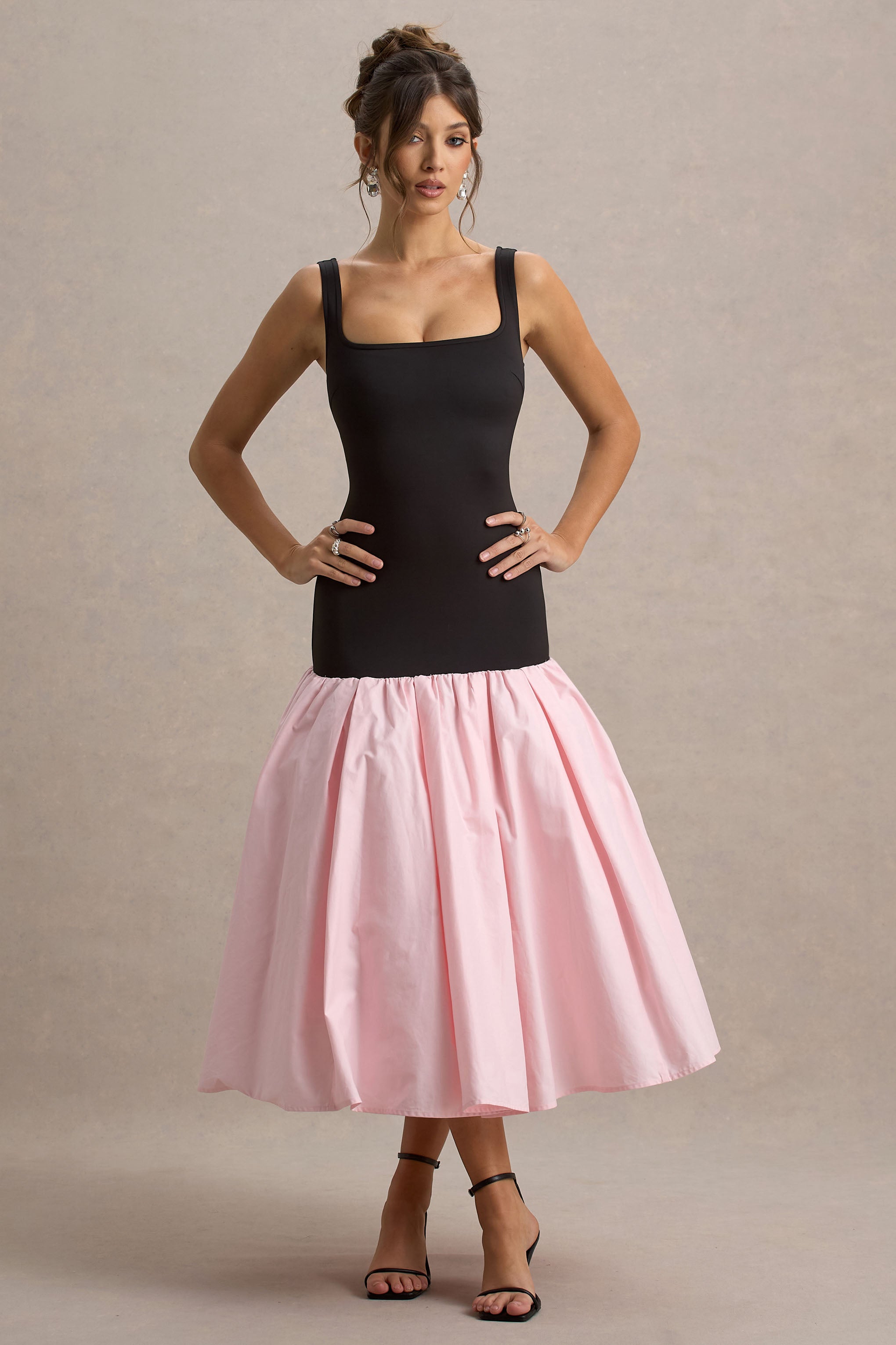 Parida | Black & Pink Poplin Drop-Waist Midi Dress With Peplum Hem