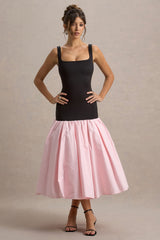 Parida | Black & Pink Poplin Drop-Waist Midi Dress With Peplum Hem