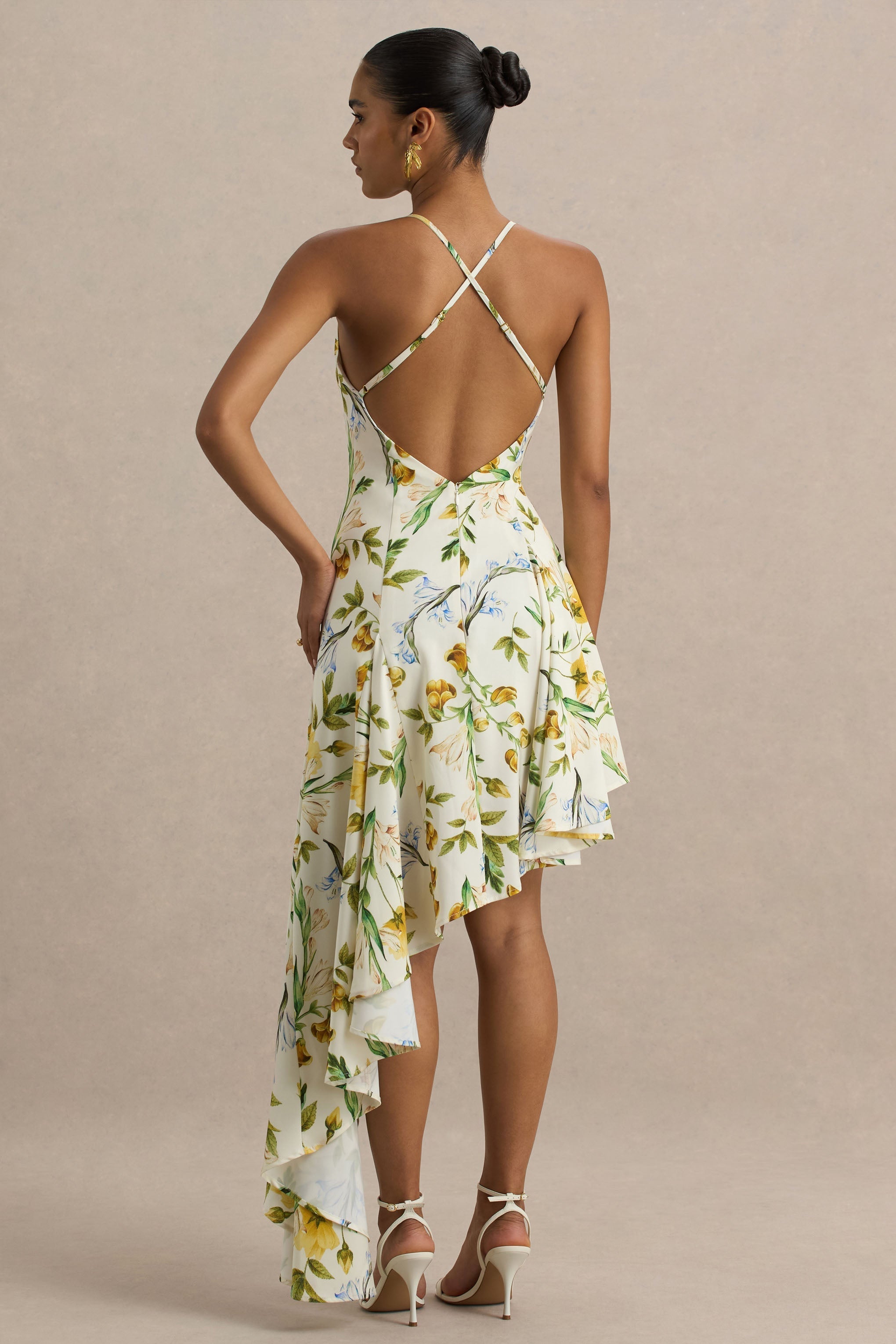 Glint | White Botanical Print Satin Plunge-Neck Maxi Dress With Asymmetric Hem