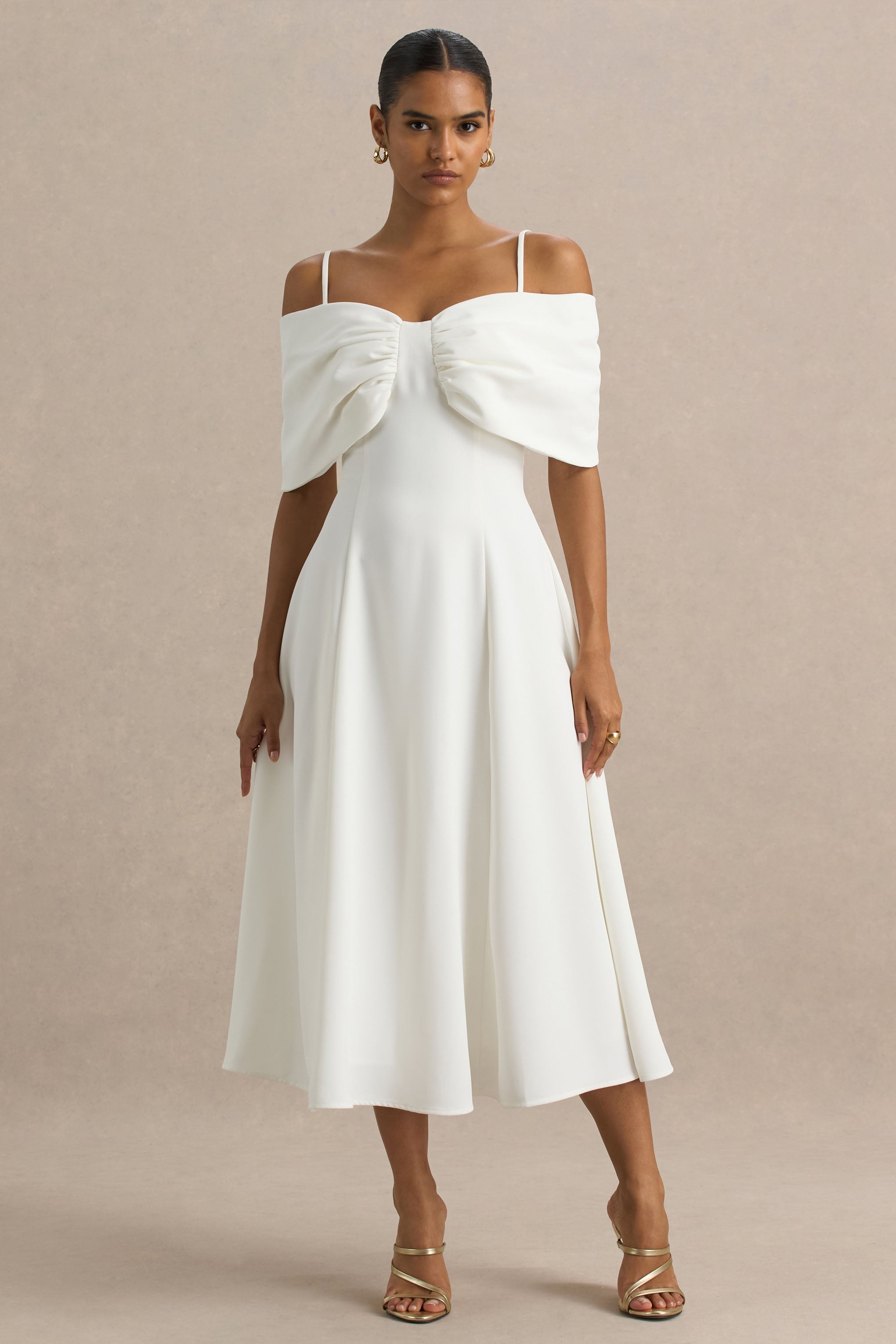Hettie | White Short-Sleeve Bardot Midi Dress With Bow Detail