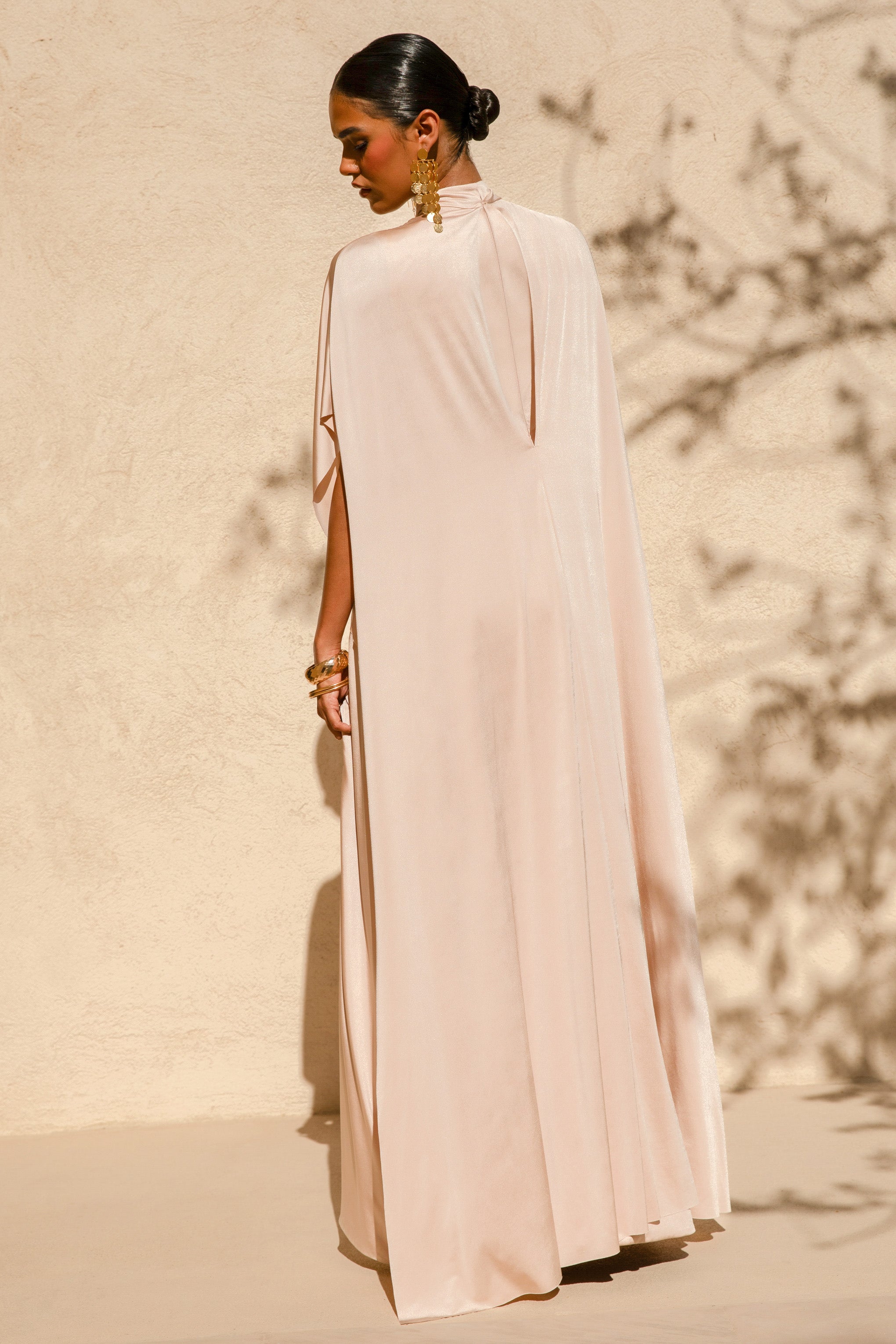 Olessia | Champagne Belted Gathered Cape-Sleeve Maxi Dress