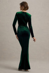 Fay | Bottle Green Velvet Corset Style Knot Maxi Dress