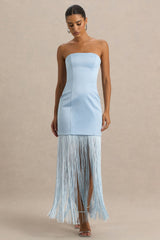 Trinity | Powder Blue Satin Bandeau Maxi Dress With Fringe