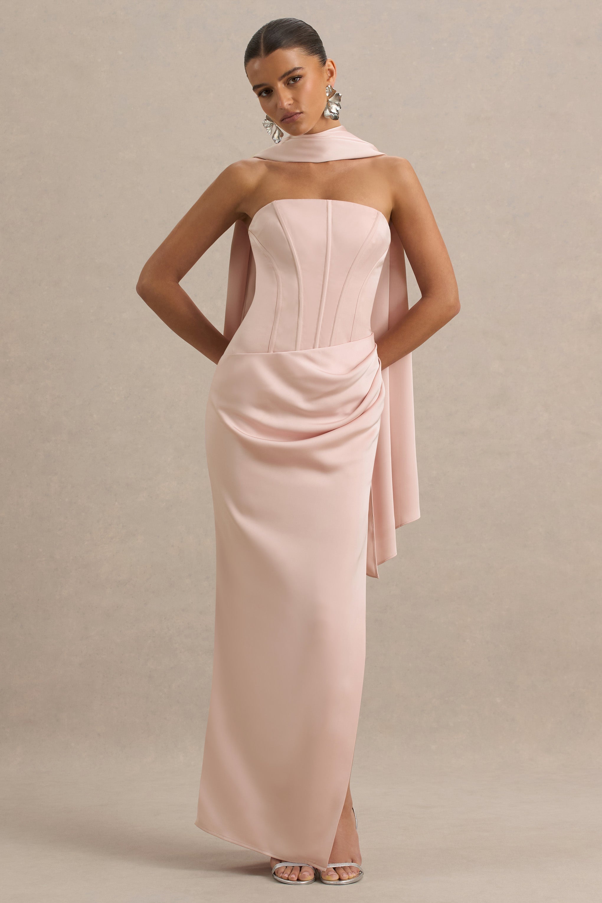 Joseline | Pale Pink Satin Corset Wrap Maxi Dress With Scarf