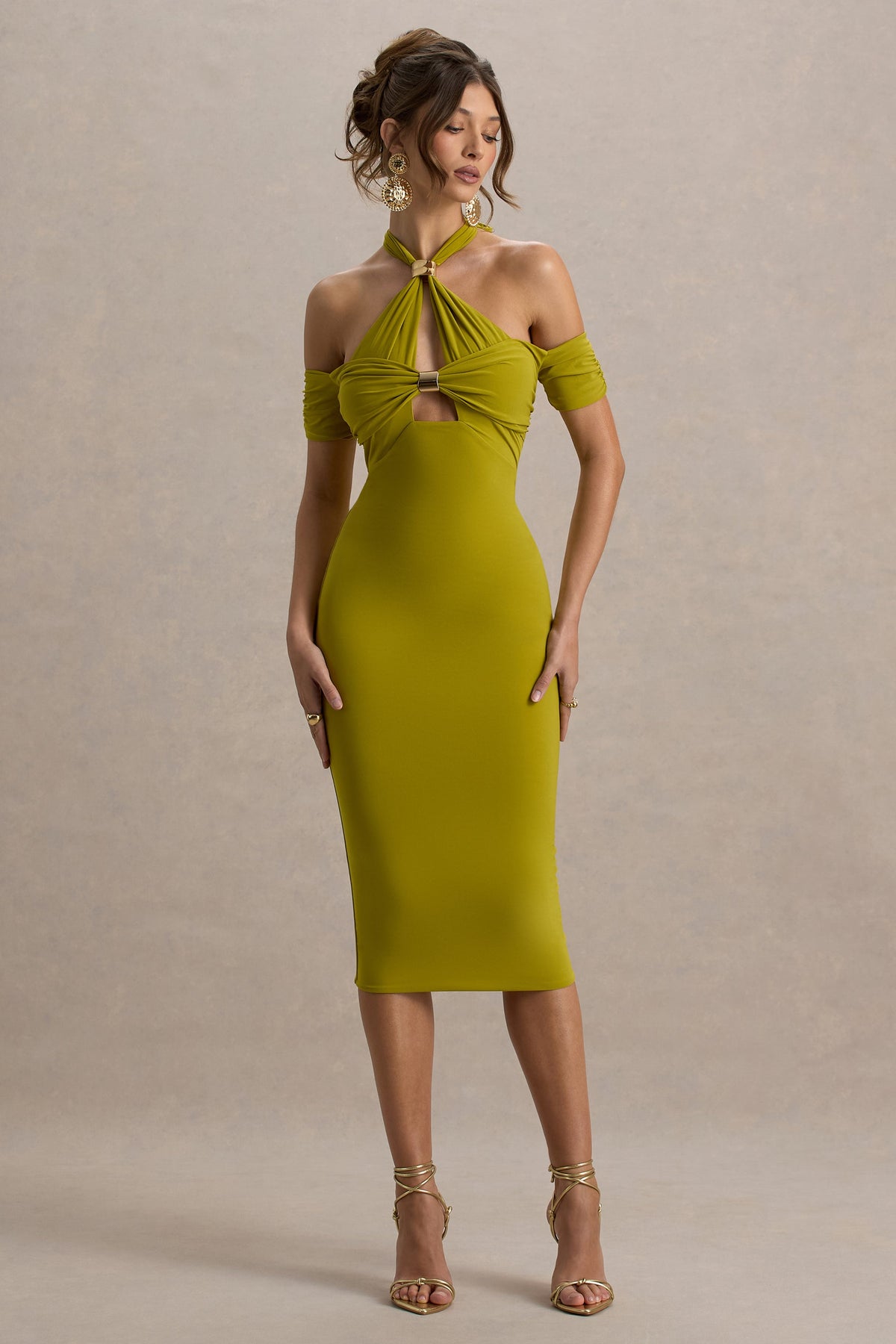 Selvina | Green Cut-Out Halter-Neck Midi Dress