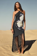 Dhalia | Black Floral Print Halter-Neck Fringe Maxi Dress