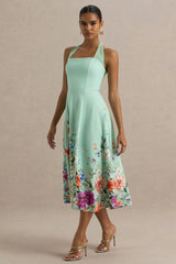 Auburn | Mint Placement Floral Halter-Neck Midi Dress