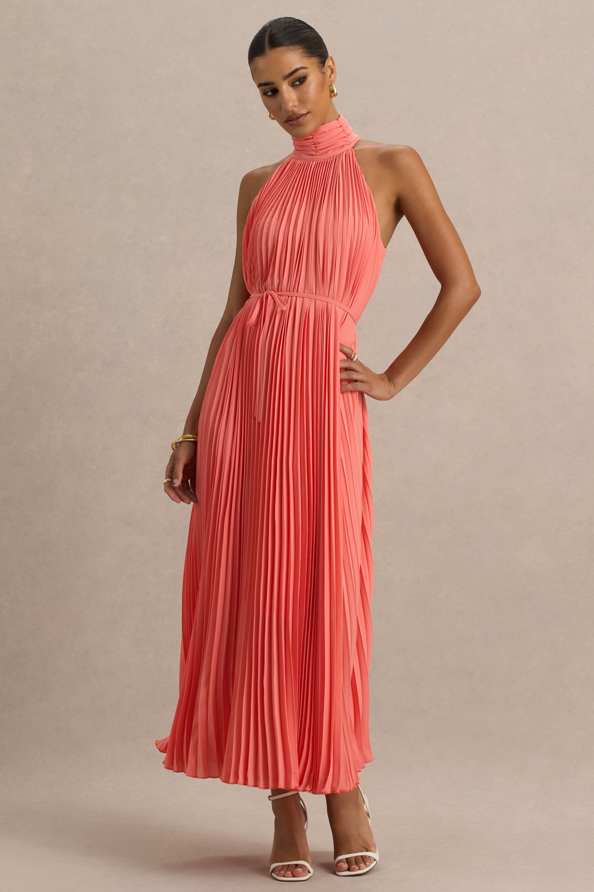 Tulip | Coral Pleated High-Neck Midi Dress