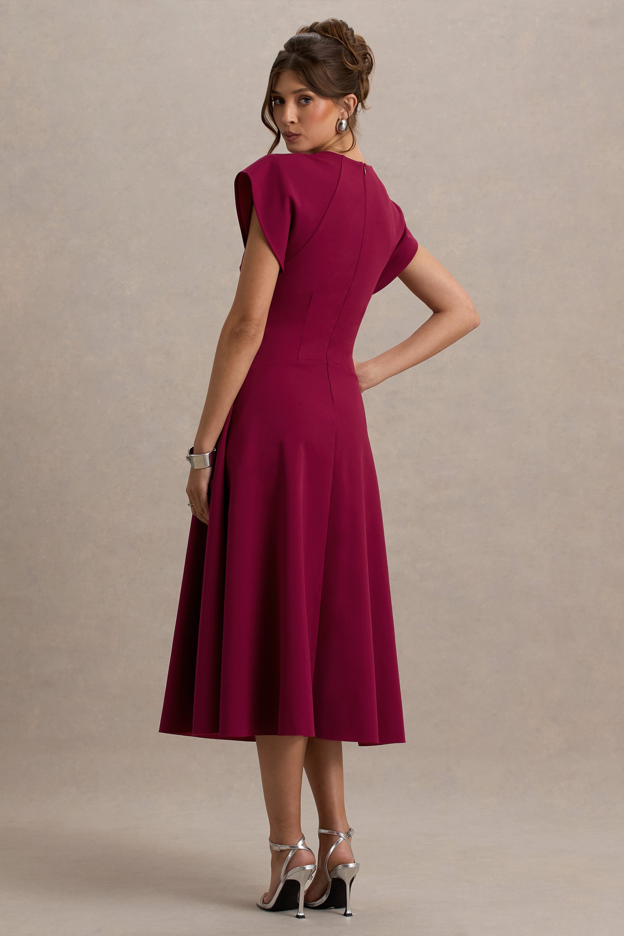 Linda | Dark Cherry Crew-Neck Cap-Sleeve Midi Dress