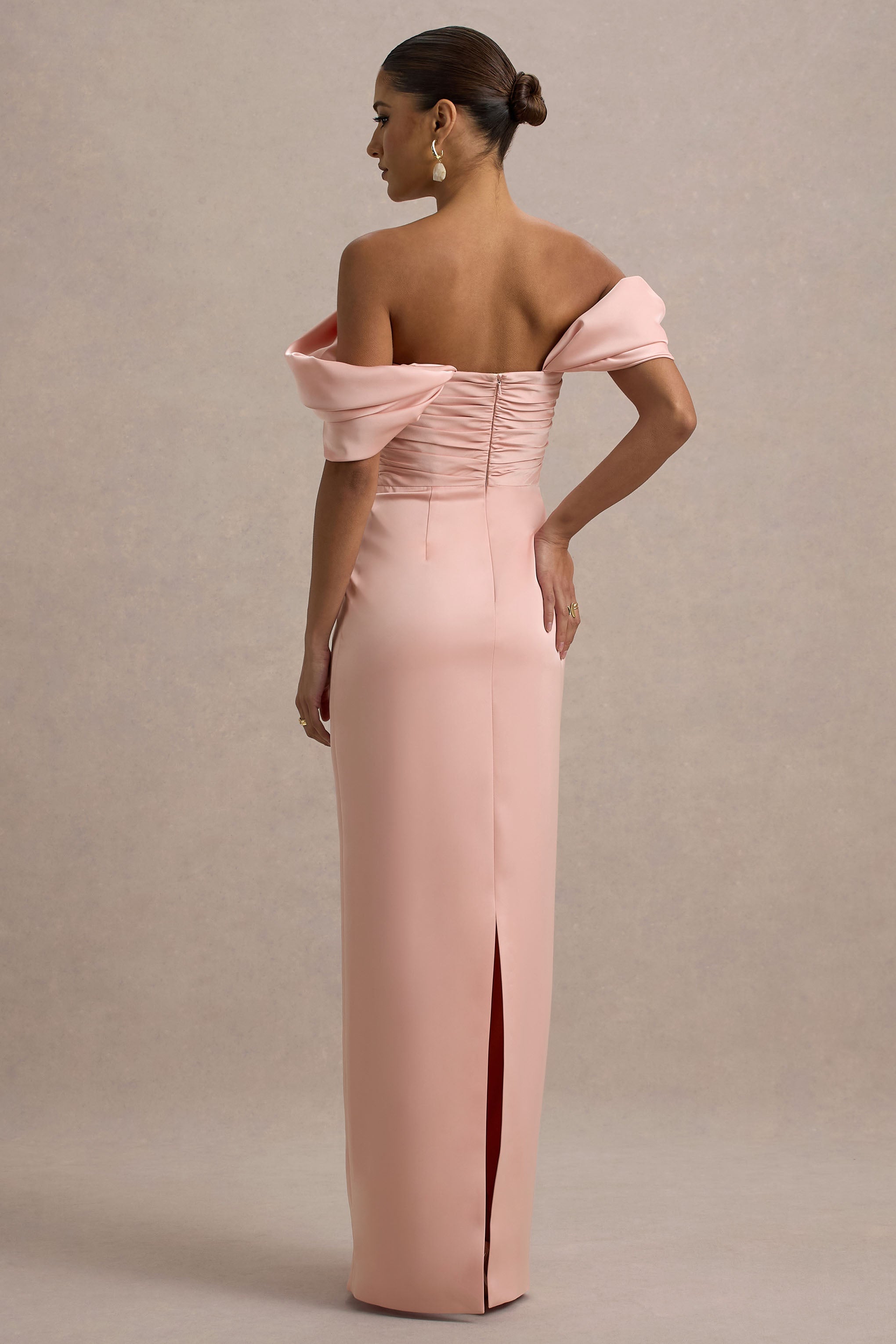 Annita | Light Pink Satin Bardot Maxi Dress