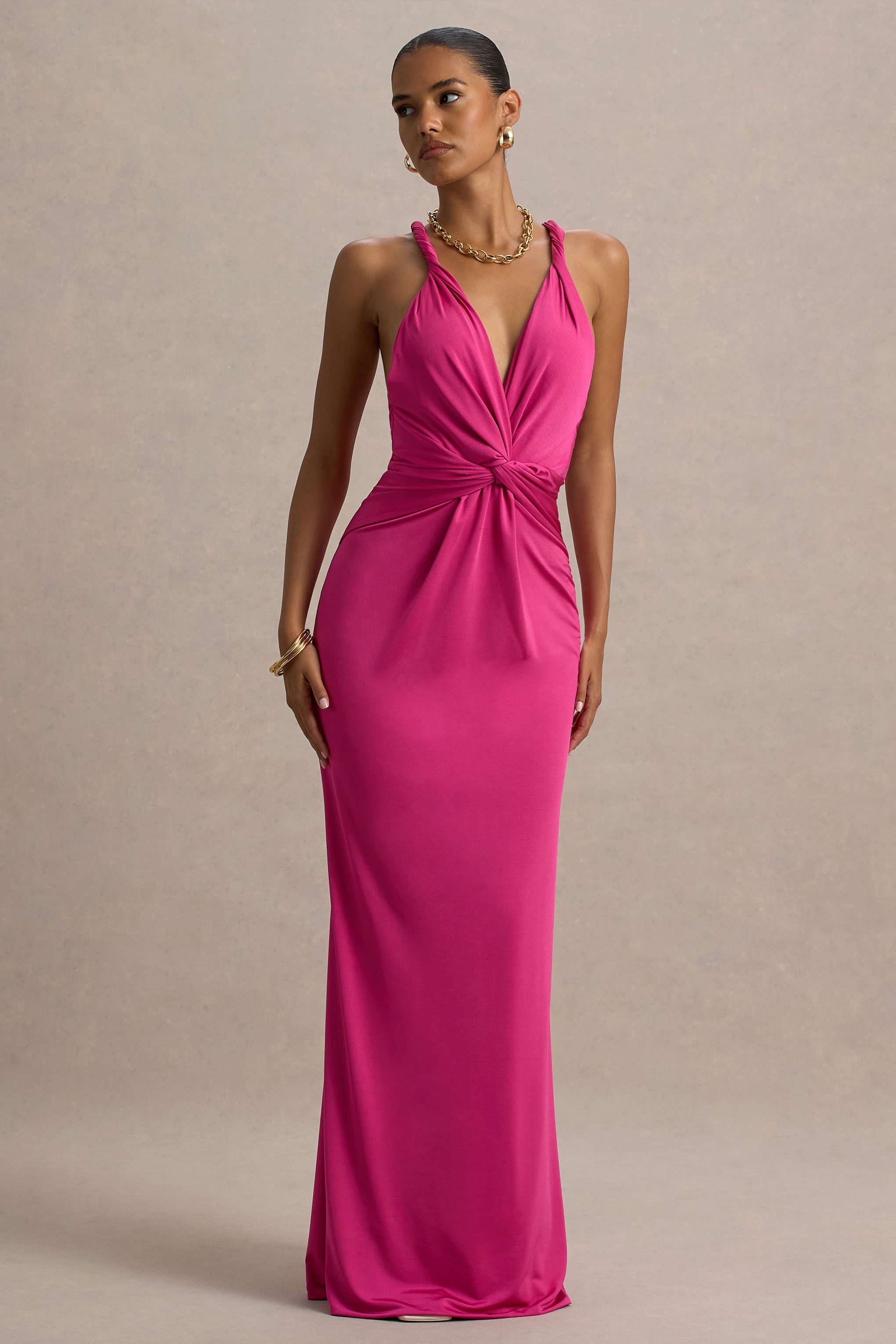 Santez | Hot Pink Twisted Plunge-Neck Maxi Dress