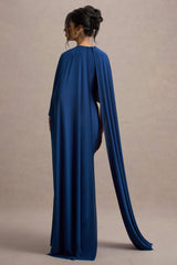 Padma | Blue Draped Maxi Dress With Cape Sleeves