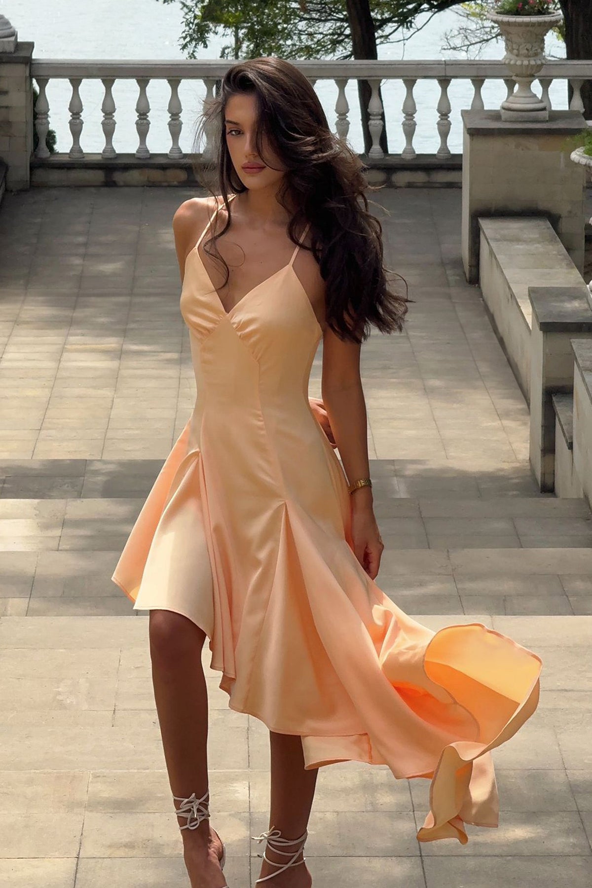Glint | Peach Satin Plunge-Neck Maxi Dress With Asymmetric Hem