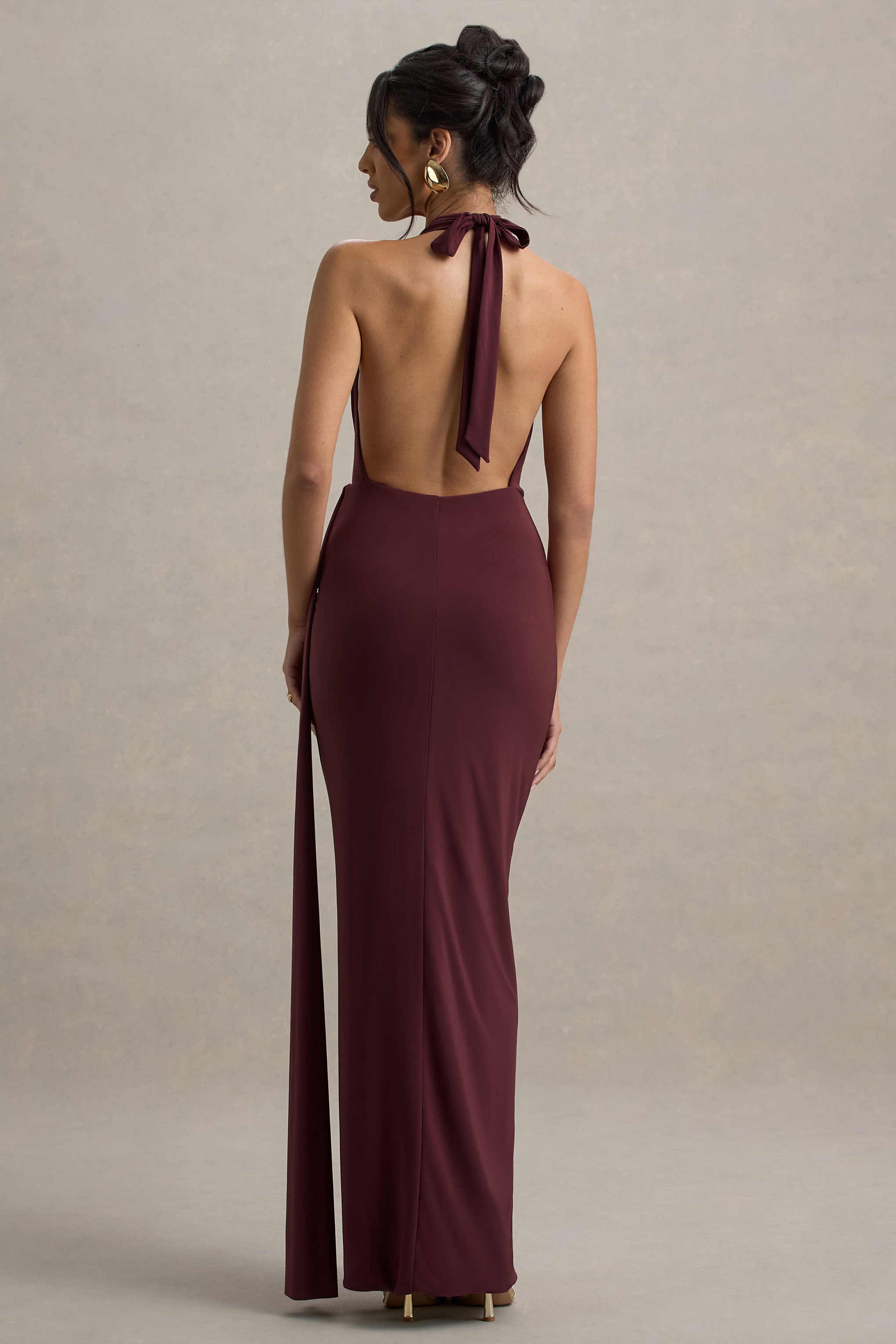 Rosina | Burgundy Halter-Neck Draped Maxi Dress With Sash