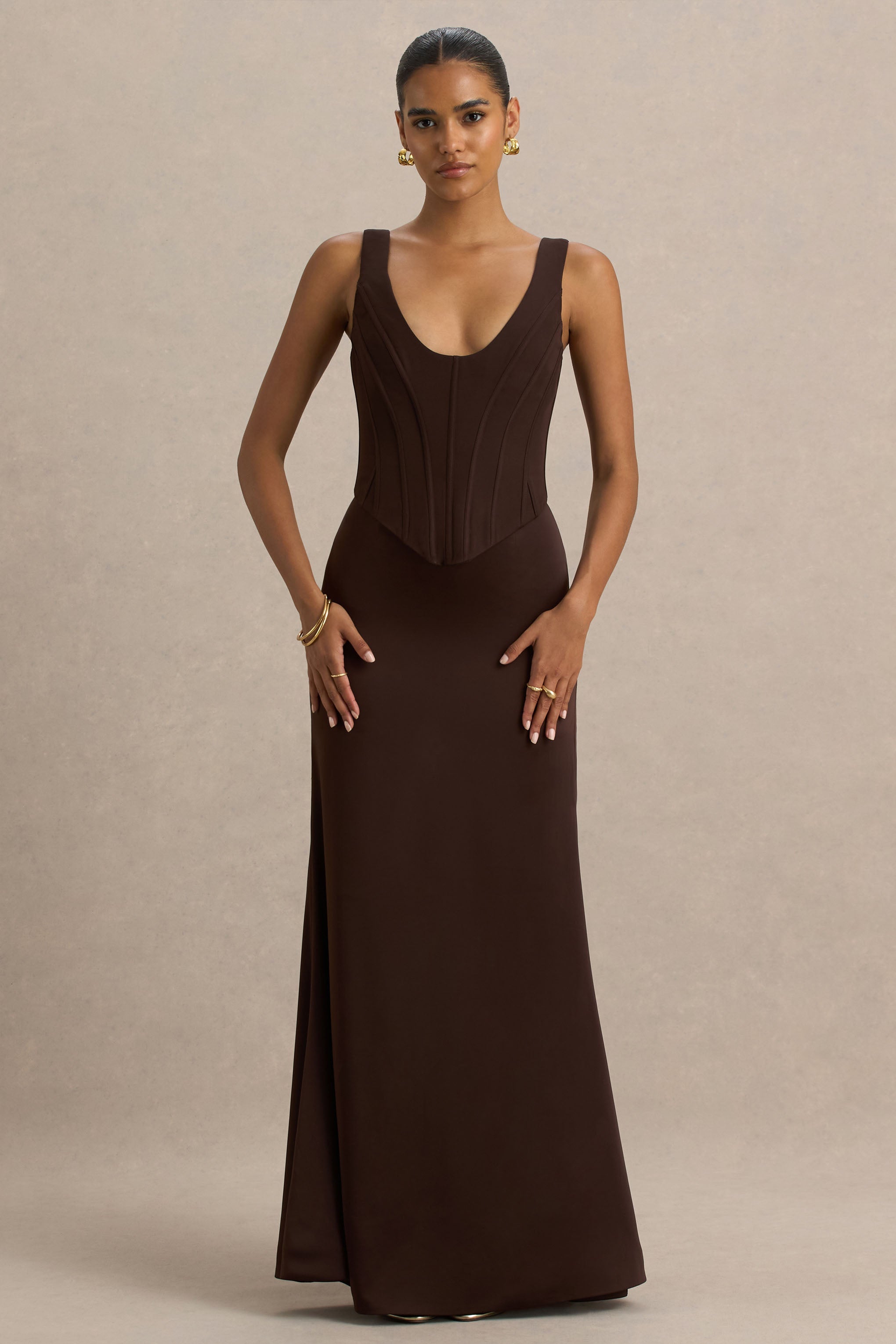 Morgan | Brown Satin Corset Maxi Dress