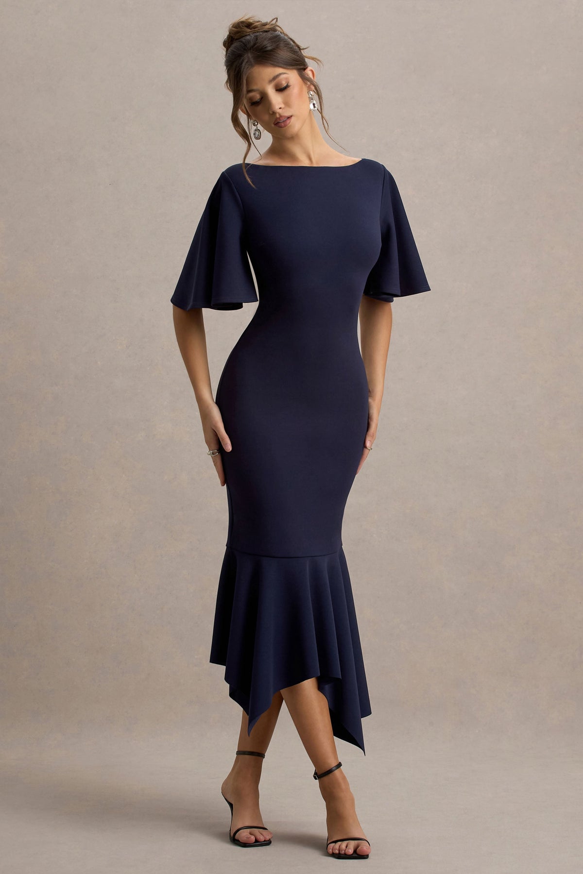 Ashling | Navy Flutter-Sleeve Hanky-Hem Midi Dress