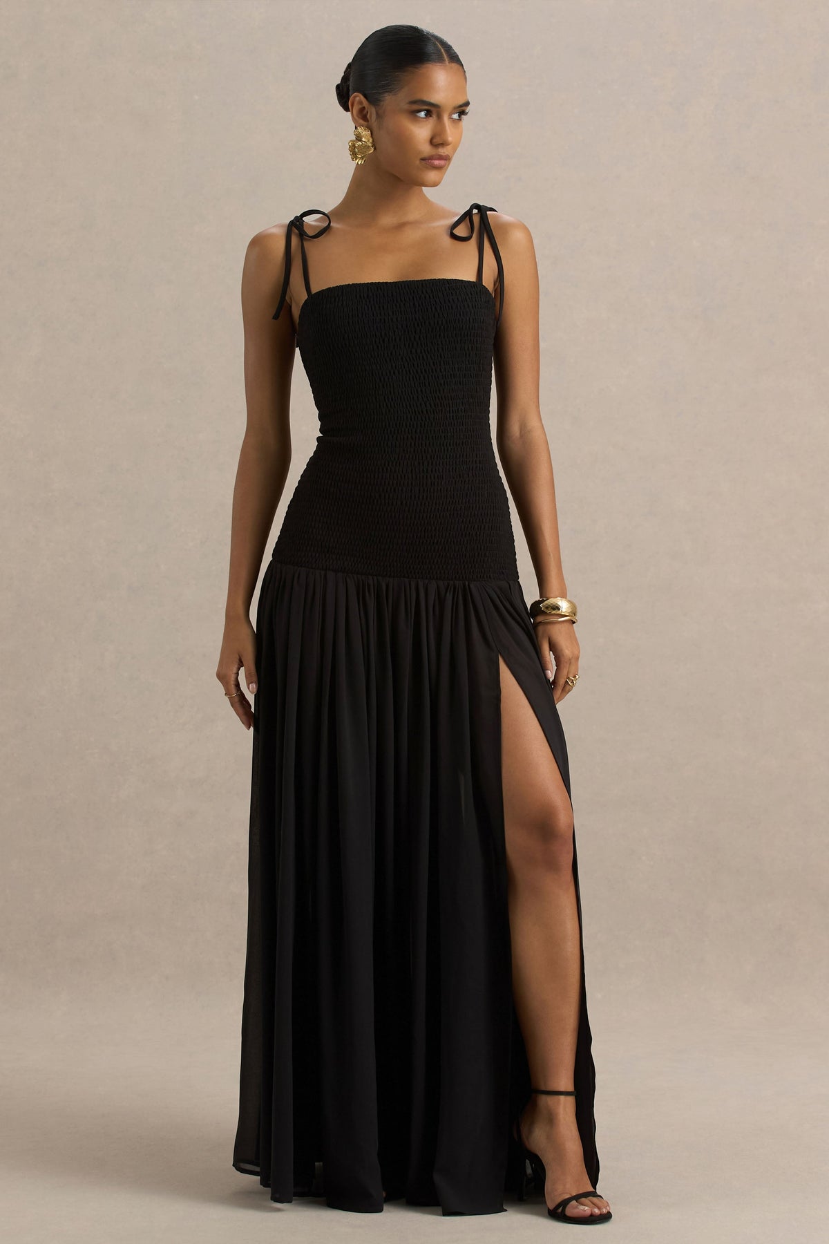 Maeva | Black Square-Neck Fishtail Maxi Dress With Ruched Detailing