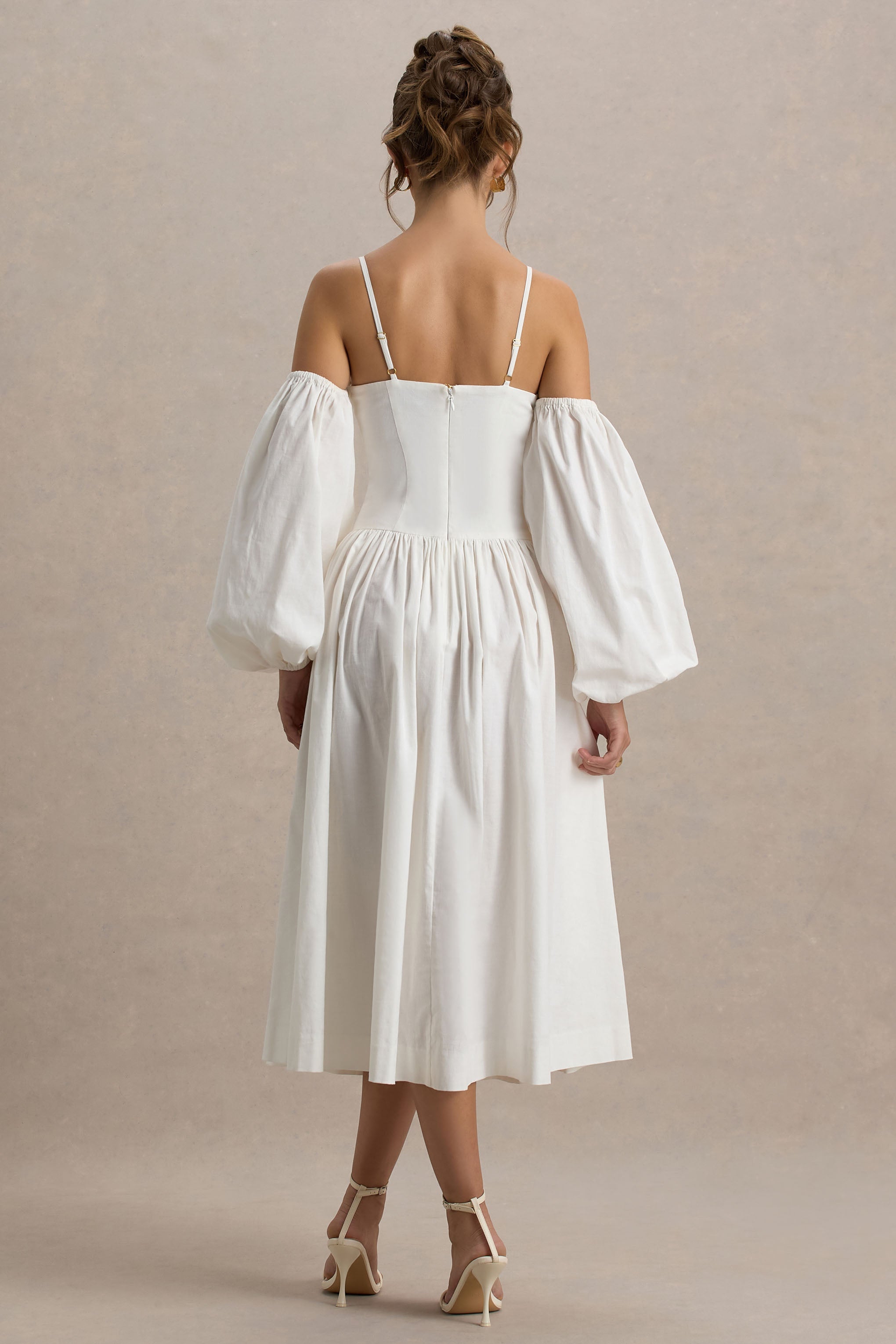 Macie | Cream Sweetheart Midi Dress With Balloon Sleeves