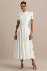 Vicky | White High Neck Midi Dress With Puff Sleeves