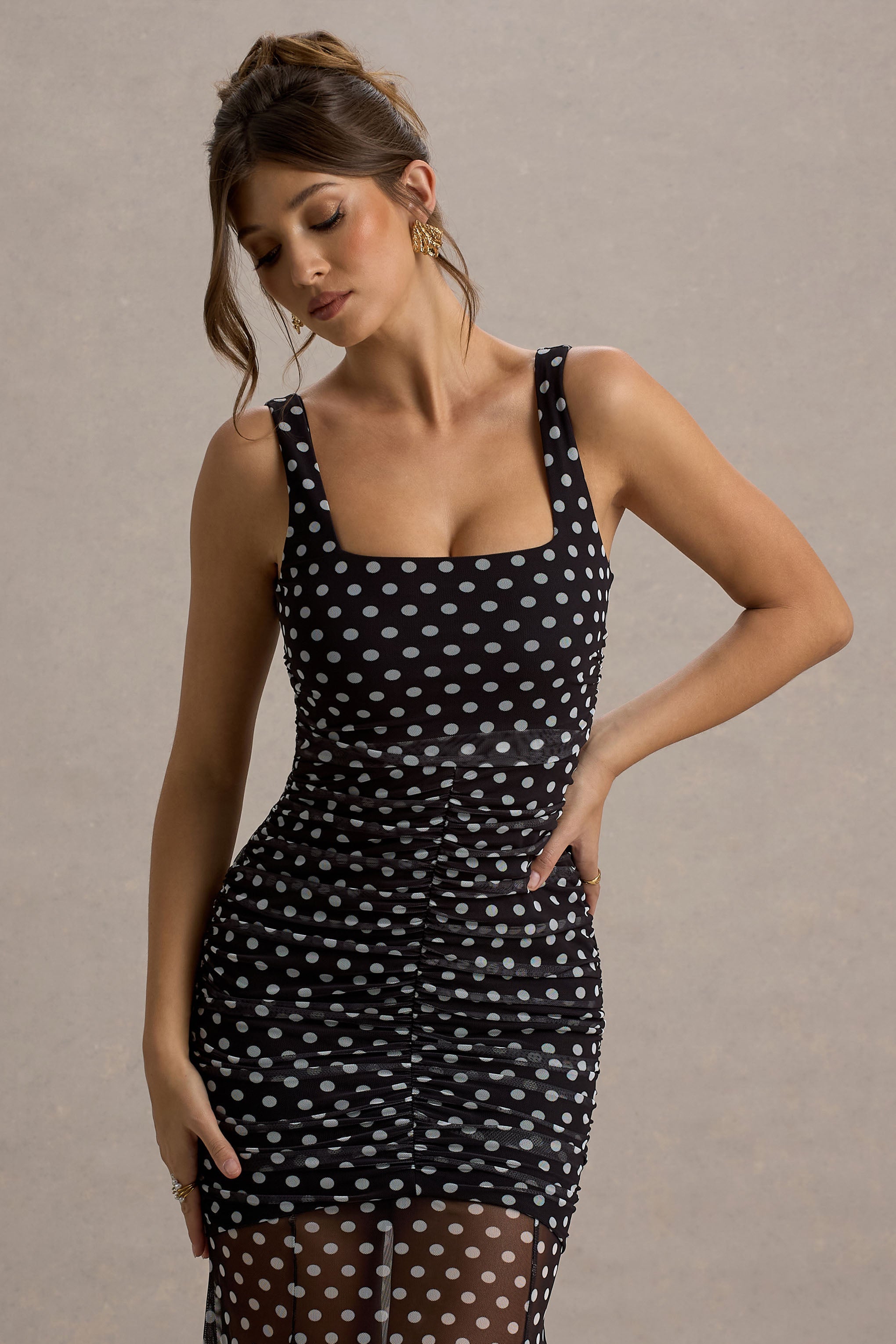 Galaxia | Black & White Polka Dot Maxi Dress With Mesh Skirt