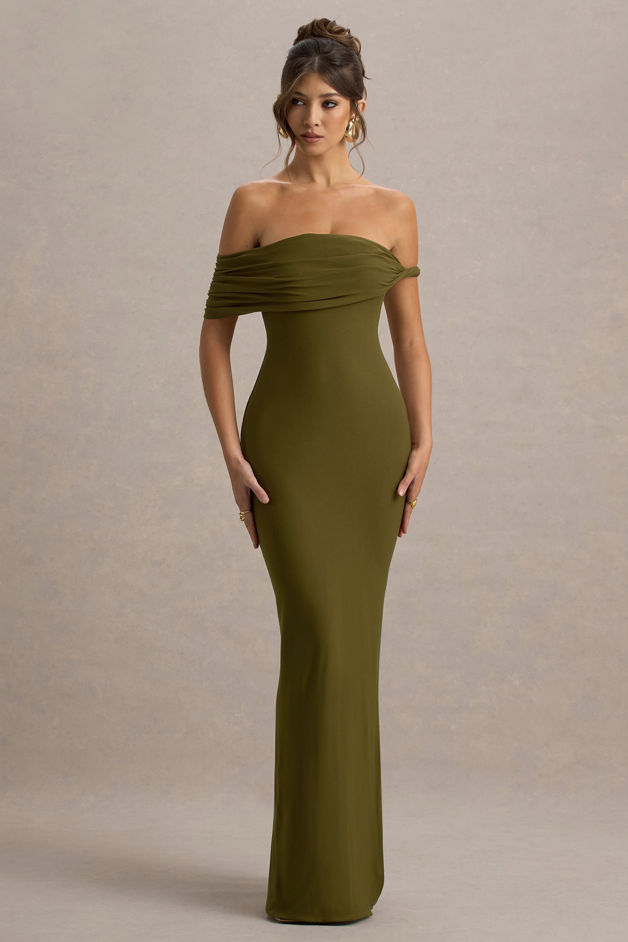 Melika | Green Twisted Bardot Maxi Dress
