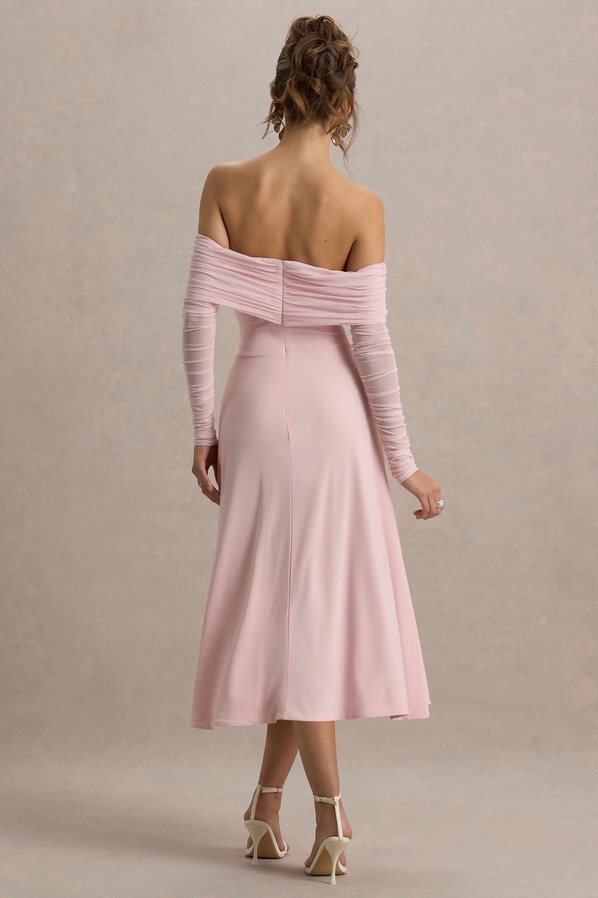 Flatter Me | Light Pink Bardot Midi Dress With Mesh Sleeves