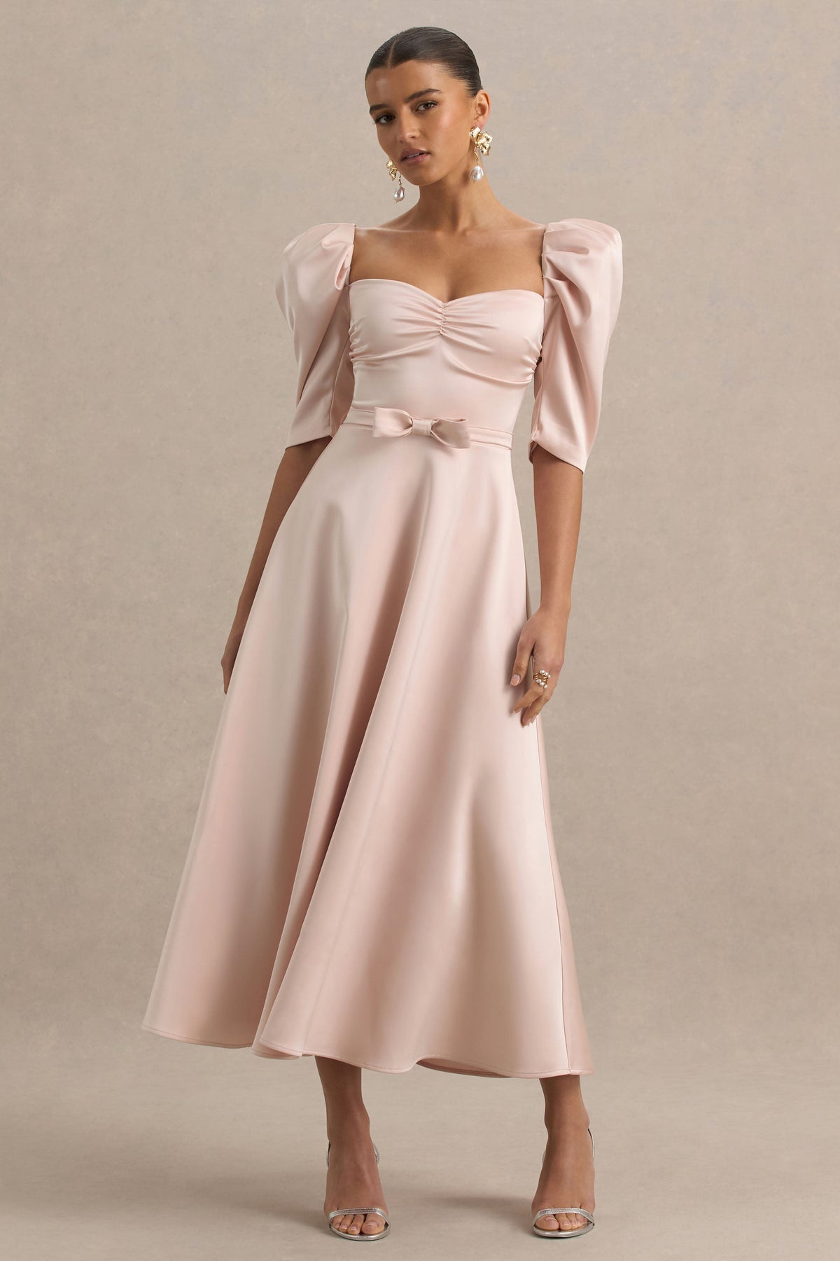 Rosey | Pale Pink Satin Sweetheart Midi Dress