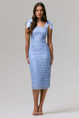 Precious Treasure | Powder Blue Square-Neck Midi Dress With Tie Details