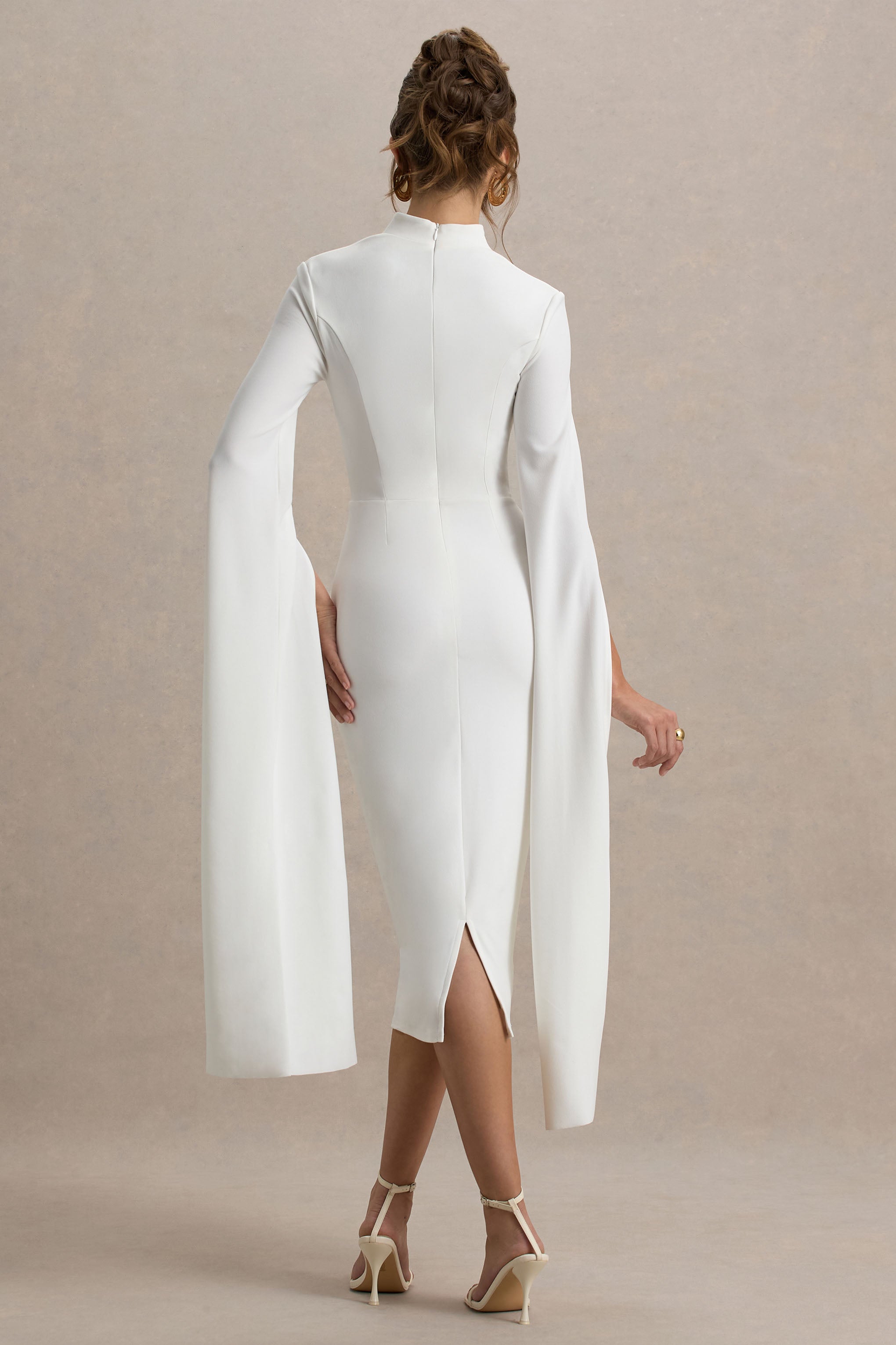 Linden | White Bodycon Cape-Sleeve Midi Dress