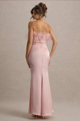 Dress For It | Pale Pink Satin Feather Trim Bandeau Maxi Dress