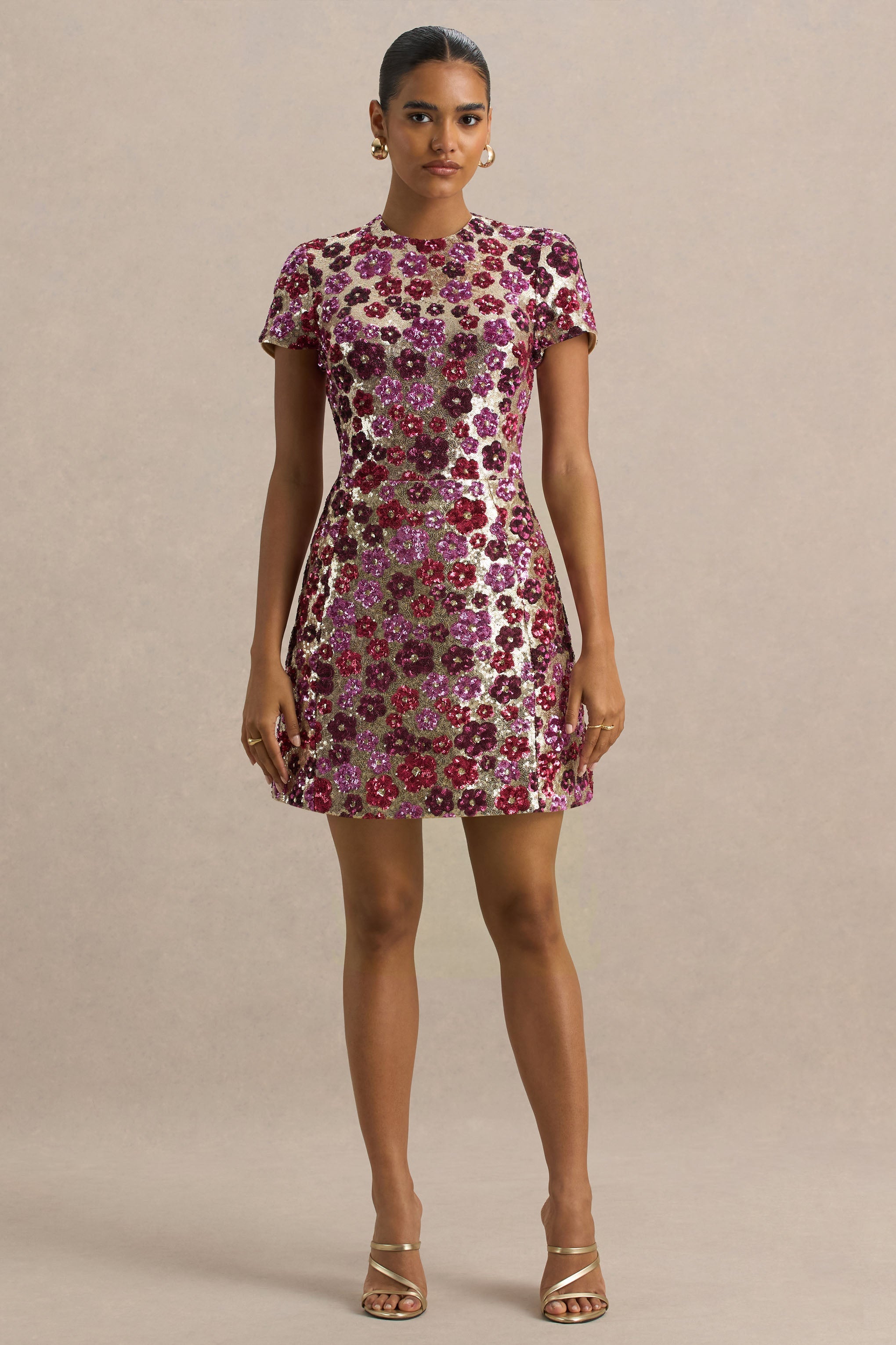 Eira | Pink Floral Sequin Crew-Neck Mini Dress